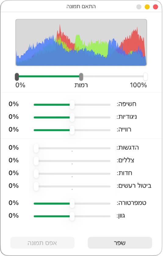 החלון ״התאם תמונה״ עם מחוונים להגדרת רמת חשיפה, ניגודיות, רוויה, הדגשות, הצללות, חדות, ביטול רעשים, טמפרטורת צבע וגוון.