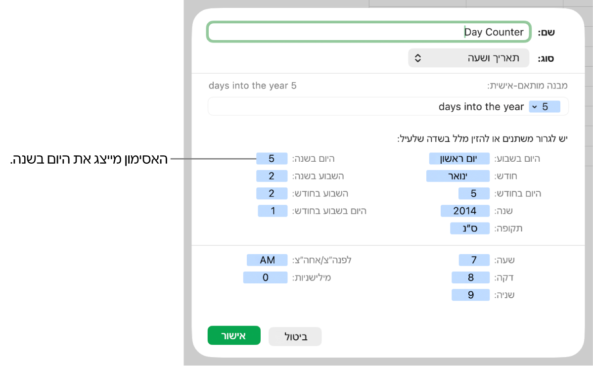 מבנה תא תאריך ושעה מותאם אישית.