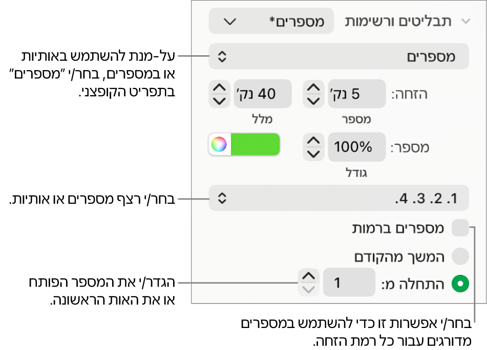 כלי בקרה לשינוי סגנון המספרים והמרווחים ברשימה.