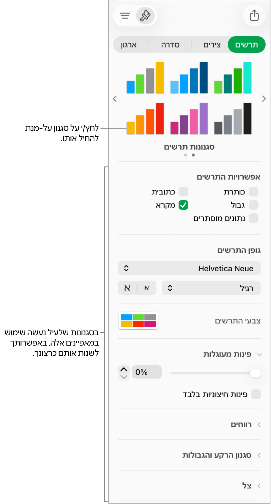 סרגל הצד ״עיצוב״ מציג את כלי הבקרה לעיצוב תרשימים.
