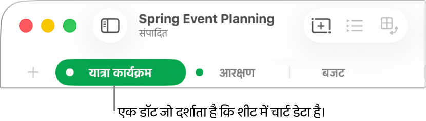 बिंदु वाला कोई शीट टैब यह दर्शाता है कि इस शीट के एक टेबल का संदर्भ चार्ट में दिया गया है जिसका डेटा आप वर्तमान में संपादित कर रहे हैं।