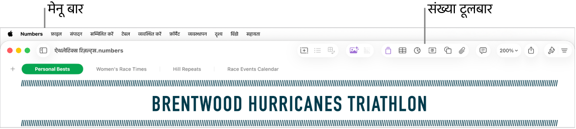Apple, Numbers, फ़ाइल, “संपादित करें”, “डालें”, टेबल, “व्यवस्थित करें”, “फ़ॉर्मैट करें”, “व्यवस्थित करें”, दृश्य, विंडो और सहायता मेनू के साथ स्क्रीन के शीर्ष पर मेनू बार। मेन्यू बार के नीचे टूलबार बटन सहित एक खुली हुई Numbers स्प्रेडशीट मौजूद है।