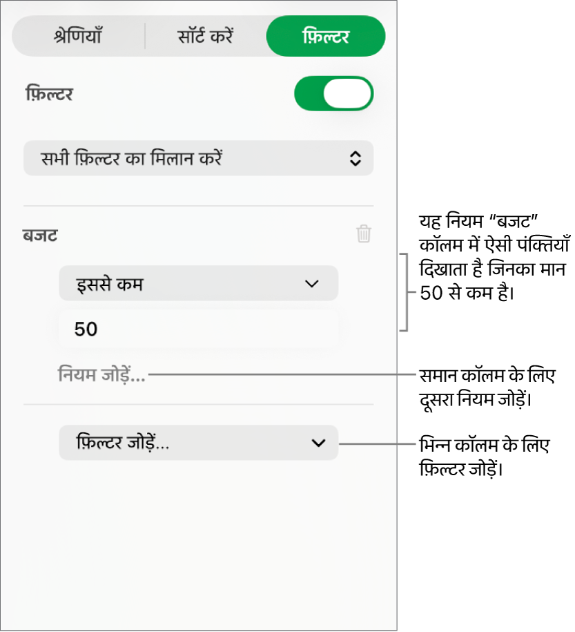फ़िल्टरिंग नियम बनाने के लिए नियंत्रण।