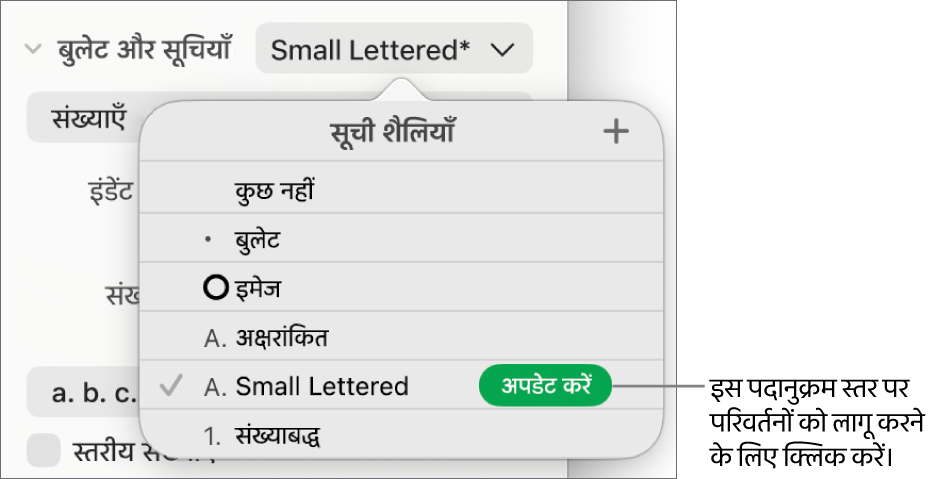 नई शैली के नाम के बग़ल में “अपडेट करें” बटन वाला “सूची शैलियाँ” मेनू।