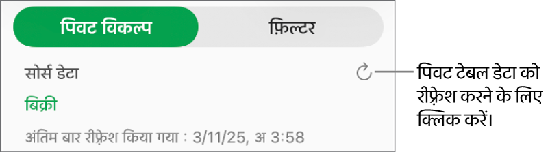 पिवट विकल्प टैब जो पिवट टेबल को रीफ़्रेश करने के लिए विकल्प दिखाता है।