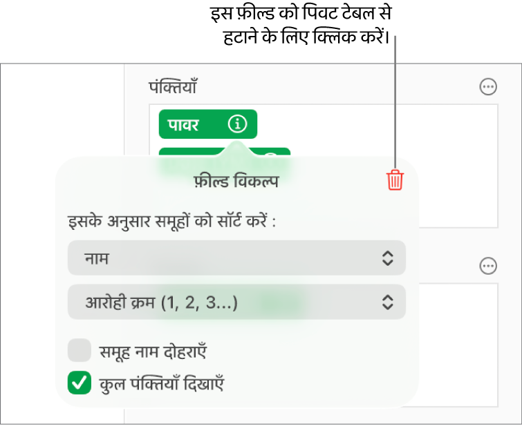 फ़ील्ड विकल्प मेनू जो डेटा को वर्गीकृत करने और सॉर्ट करने के लिए नियंत्रण दिखाता है, साथ में फ़ील्ड को हटाने के लिए विकल्प दिखाता है।