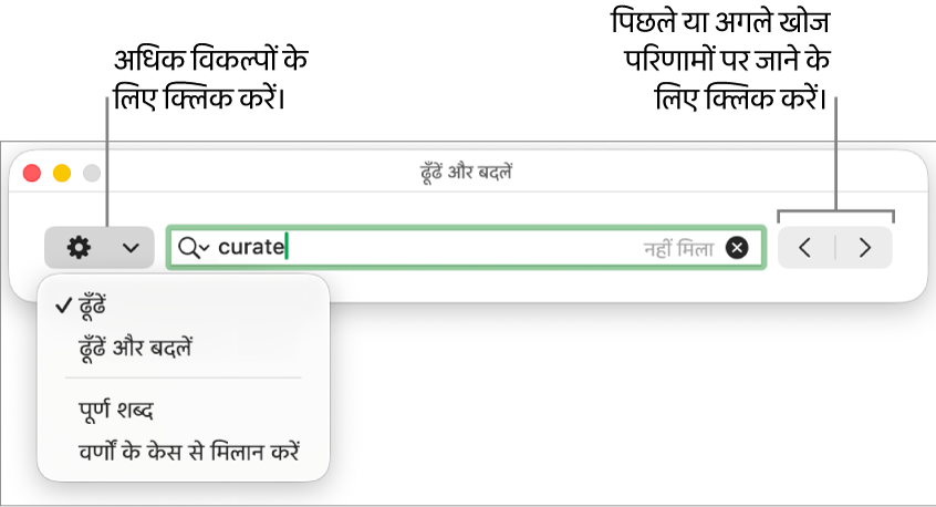 “ढूँढें और बदलें” विंडो जिसमें पॉप-अप मेनू “ढूँढें”, “ढूँढें और बदलें” “पूरे शब्द” और “मैच केस” के लिए विकल्प दिखा रहा है। दाईं ओर के तीर आपको अगले और पिछले खोज परिणाम पर जाने की सुविधा उपलब्ध कराता है।