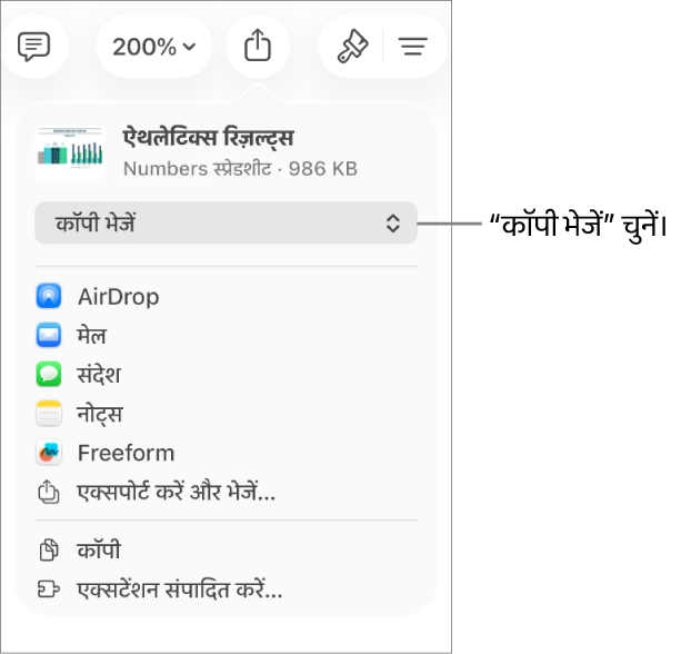 “शेयर करें” मेनू जिसके शीर्ष पर “कॉपी भेजें” चुना गया है।