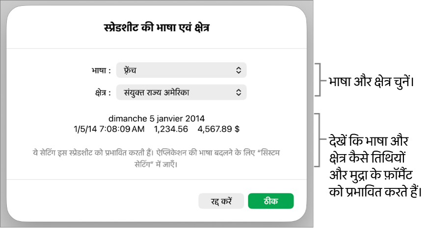 भाषा और क्षेत्र पेन जिसमें भाषा और क्षेत्र के लिए नियंत्रण हैं और एक फ़ॉर्मैट उदाहरण है जिसमें तिथि, समय, दशमलव और मुद्रा शामिल हैं।