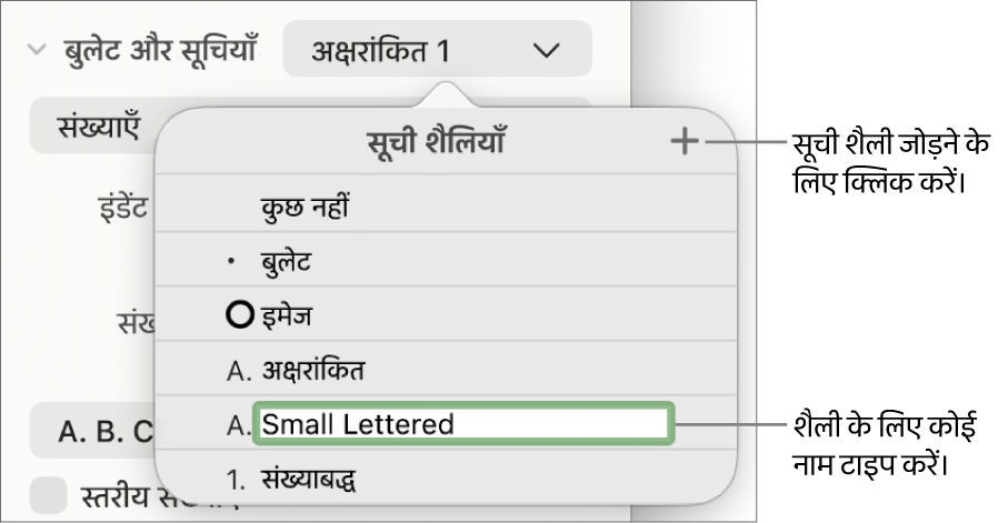 शीर्ष-दाएँ कोने में “जोड़ें” बटन के साथ “सूची शैली” मेनू और अपने चुने गए टेक्स्ट के साथ एक प्लेसहोल्डर शैली नाम।