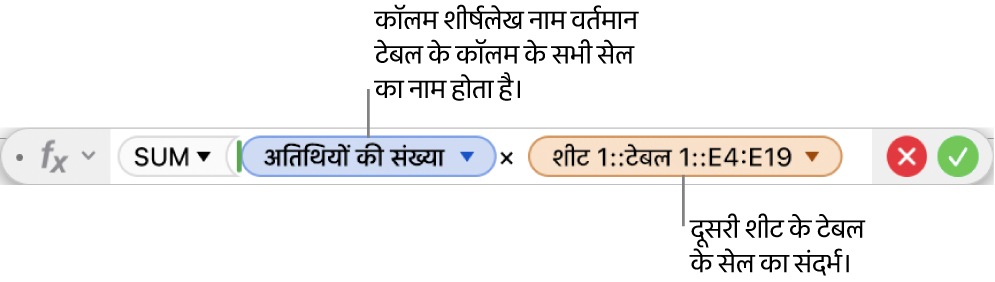 एक टेबल के कॉलम और दूसरे टेबल के सेल का संदर्भ देने वाला फ़ॉर्मूला दिखाता फ़ॉर्मूला संपादक।