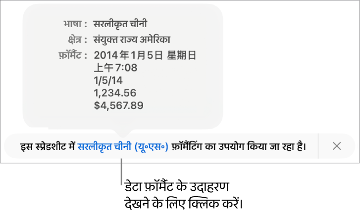 अलग भाषा और क्षेत्र सेटिंग संबंधी सूचना, जो उस भाषा और क्षेत्र के फ़ॉर्मैटिंग से जुड़े उदाहरण दर्शाती है।