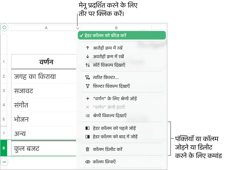 पंक्तियाँ और कॉलम को जोड़ने या डिलीट करने के लिए कमांड वाला टेबल कॉलम मेन्यू।