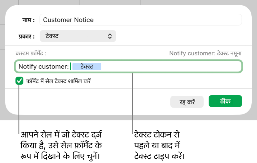 कस्टम टेक्स्ट सेल फ़ॉर्मैट।