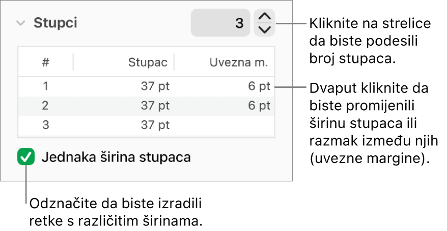Kontrole u odjeljku sa stupcima koje služe za promjenu broja stupaca i širine svakog stupca.