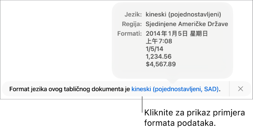 Obavijest o postavci drugog jezika i regije, pokazuje primjere formatiranja na tom jeziku i u toj regiji.