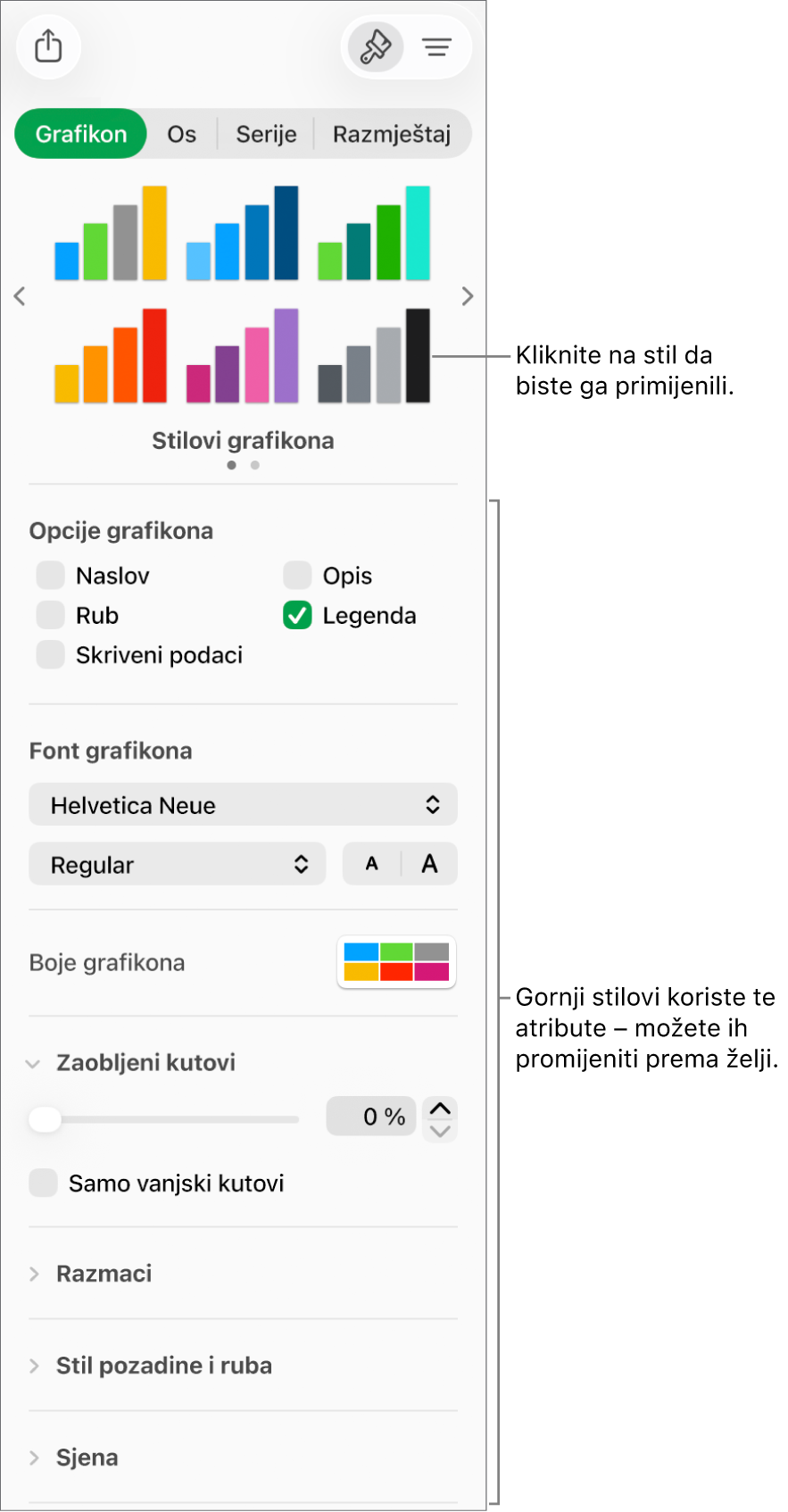 Rubni stupac Formatiranje prikazuje kontrole za formatiranje grafikona.