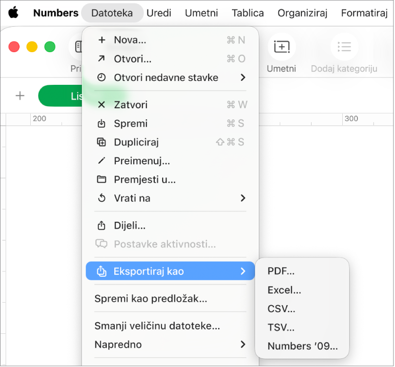 Izbornik Datoteka otvoren s odabranom opcijom Eksportiraj u, te s podizbornikom u kojem se prikazuju mogućnosti eksportiranja kao što su PDF, Excel i CSV.