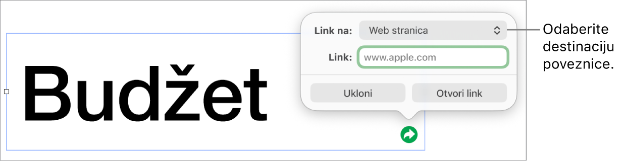 Kontrole urednika linka s odabranom opcijom Web stranica, tipke Ukloni i Otvori link nalaze se na dnu.