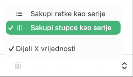 Skočni izbornik za odabir hoće li se redci ili stupci sakupljati kao serije.