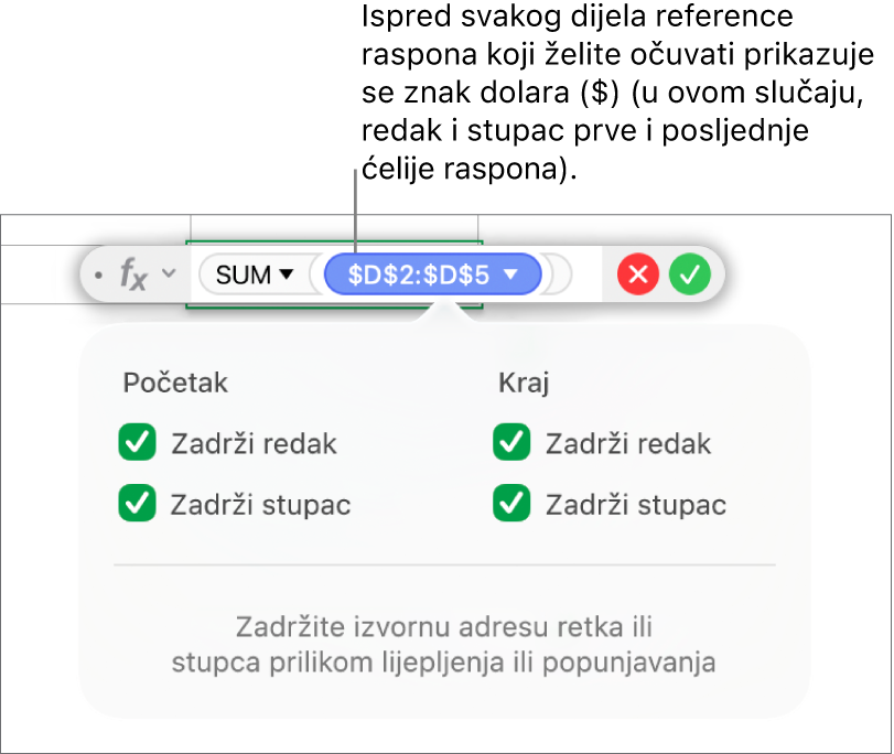 Formula s prikazom sačuvanih referenci redaka i stupaca.