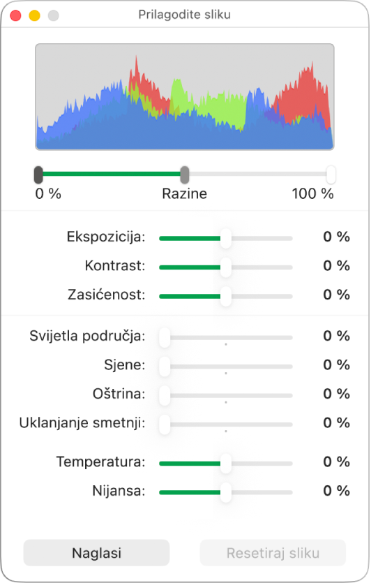 Prozor Podesi sliku s kliznicima za podešavanje ekspozicije, kontrasta, zasićenosti, isticanja, sjena, oštrine, uklanjanja smetnji, temperature i nijanse.