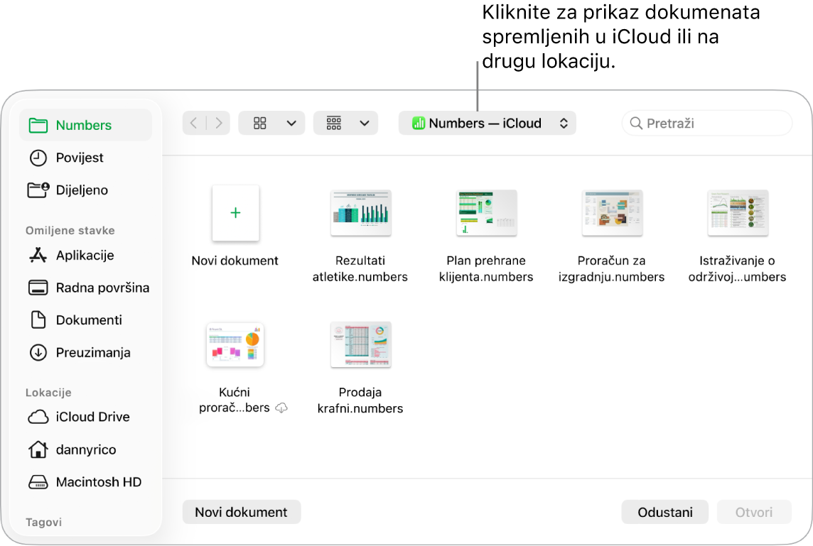Dijaloški okvir Otvori s otvorenim rubnim stupcem na lijevoj strani i iCloud Drive odabran u skočnom izborniku na vrhu. Mape za aplikacije Keynote, Numbers i Pages pojavljuju se u dijaloškom okviru uz tipku Novi dokument.