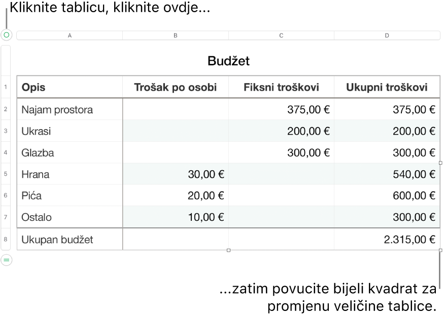 Odabrana tablica, s bijelim kvadratima za promjenu veličine.