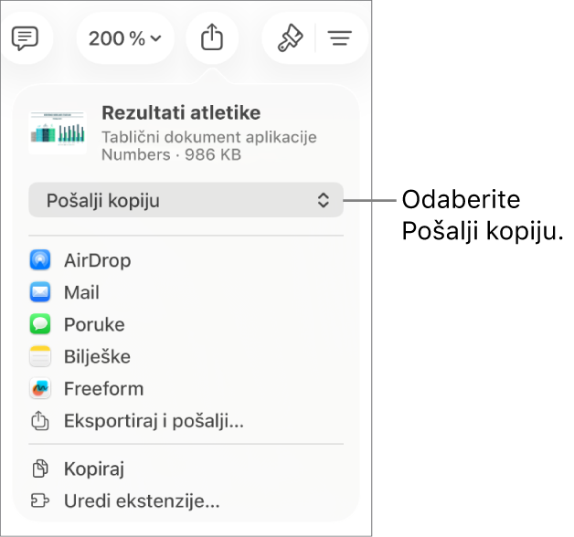 Izbornik dijeljenja s odabranom opcijom Pošalji kopiju pri vrhu.