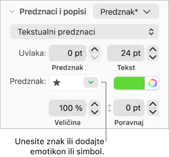 Odjeljak Grafičke oznake i popisi stupca Formatiraj. Polje Grafičke oznake prikazuje emotikon zvjezdice.