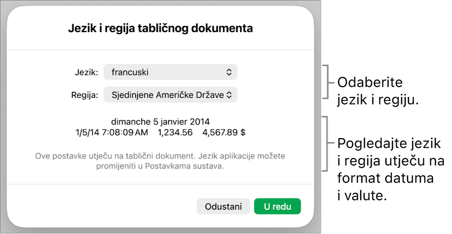 Prozor Jezik i regija s kontrolama za jezik i regiju te primjer formatiranja uključujući datum, vrijeme, decimalu i valutu.