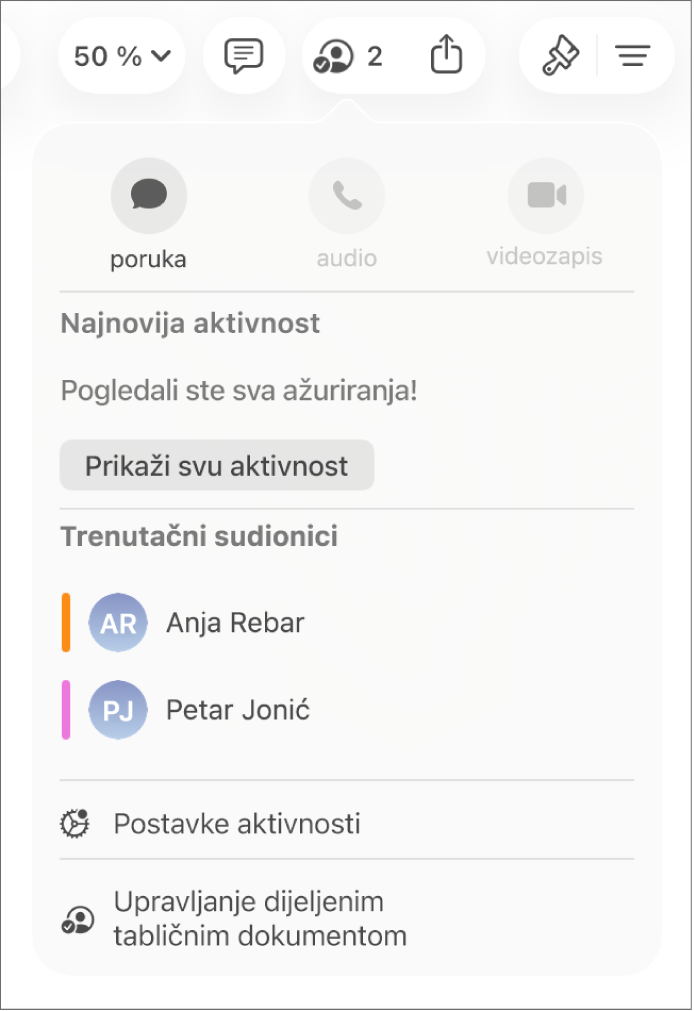 Izbornik suradnje prikazuje imena ljudi koji surađuju na tabličnom dokumentu.
