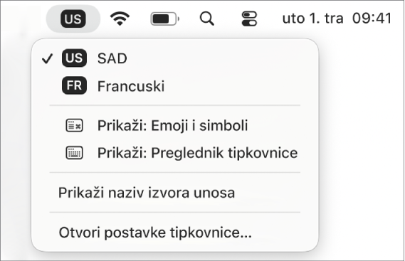 Izbornik unosa u gornjem desnom kutu trake s izbornicima.