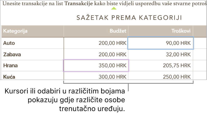 Kursori ili odabiri u različitim bojama prikazuju gdje različite osobe uređuju.