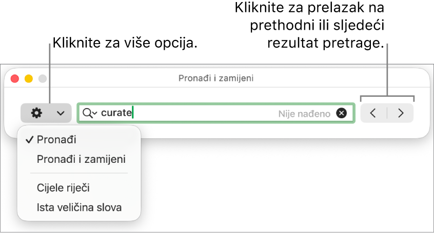 Prozor Pronađi i zamijeni sa skočnim izbornikom koji prikazuje opcije za Pronađi, Pronađi i zamijeni, Cijele riječi i Uskladi veličinu slova. Strelice na desnoj strani omogućuju vam da preskočite na prethodne ili sljedeće rezultate pretraživanja.