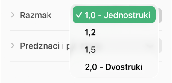 Skočni izbornik Razmak s opcijama Jednostruki, Dvostruki i drugim opcijama.