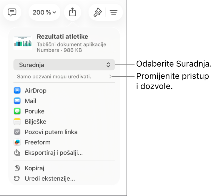Izbornik dijeljenja s opcijom Suradnja odabran na vrhu i postavke pristupa i dozvola ispod.