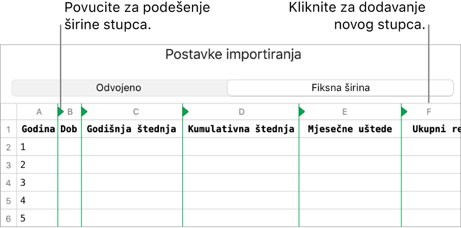 Postavke importiranja za tekstualnu datoteku fiksne širine.