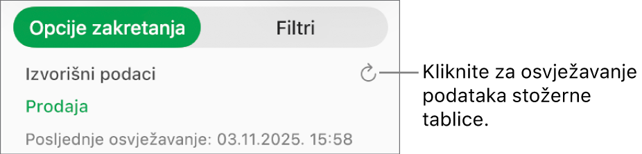 Kartica Opcije zakretanja prikazuju opciju za osvježavanje zaokretne tablice.
