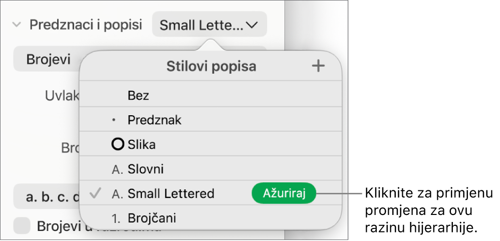Skočni izbornik Stilovi popisa s tipkom Ažuriraj pokraj naziva novog stila.
