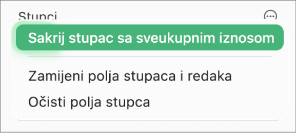 Izbornik Više opcija polja prikazuje naredbe za skrivanje sveukupnih vrijednosti, zamjenu polja stupaca i redaka i čišćenje polja.