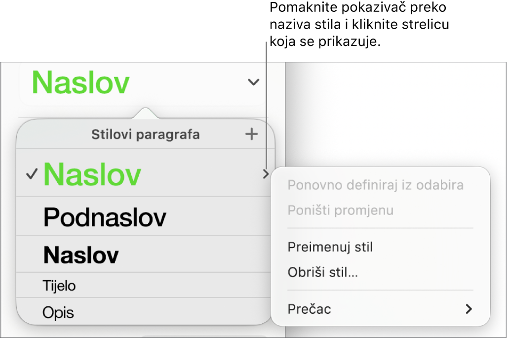 Izbornik stilova paragrafa s otvorenim izbornikom prečaca.