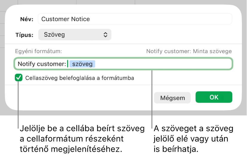 Egyéni szövegcella-formátum.