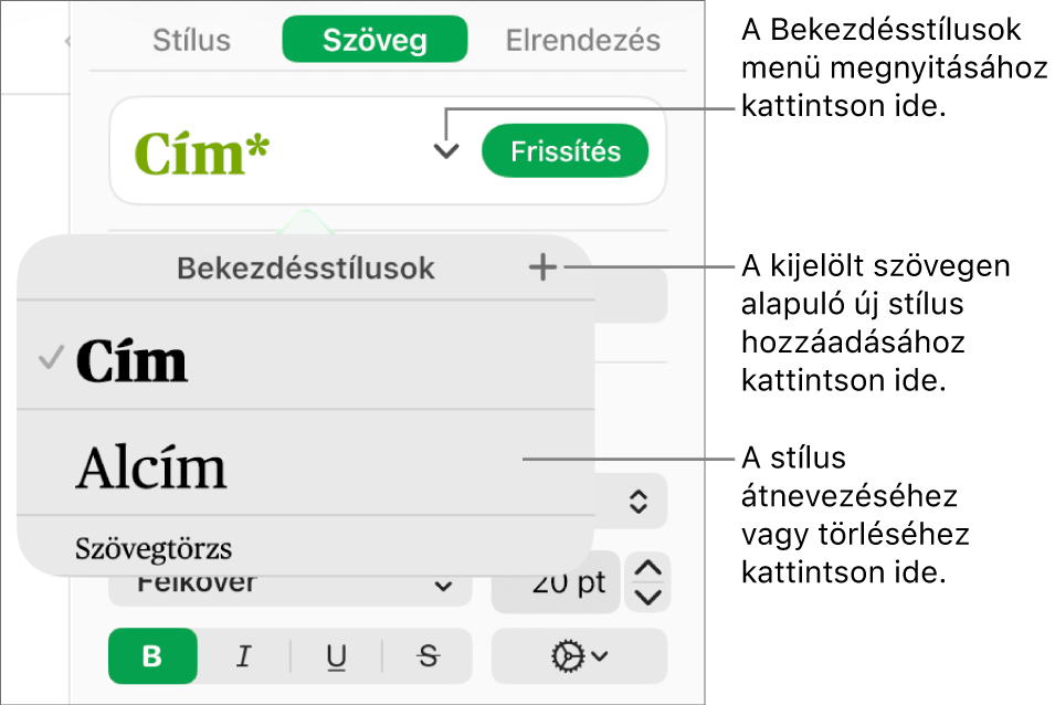 A Bekezdésstílusok menü a stílusok hozzáadására vagy módosítására szolgáló vezérlőkkel.