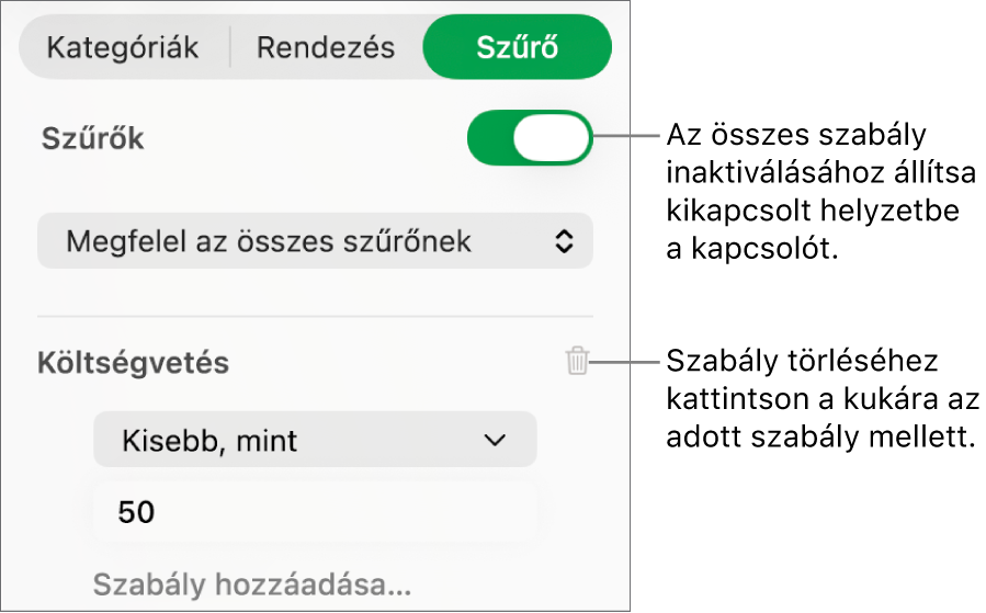 Szűrő törlésére vagy az összes szűrő kikapcsolására szolgáló vezérlők.