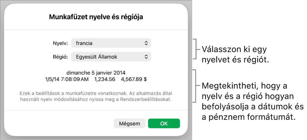 A Nyelv és régió panel a nyelv és régió vezérlőivel és egy formátum példával (ide értve: dátum, idő, tizedes és valuta).