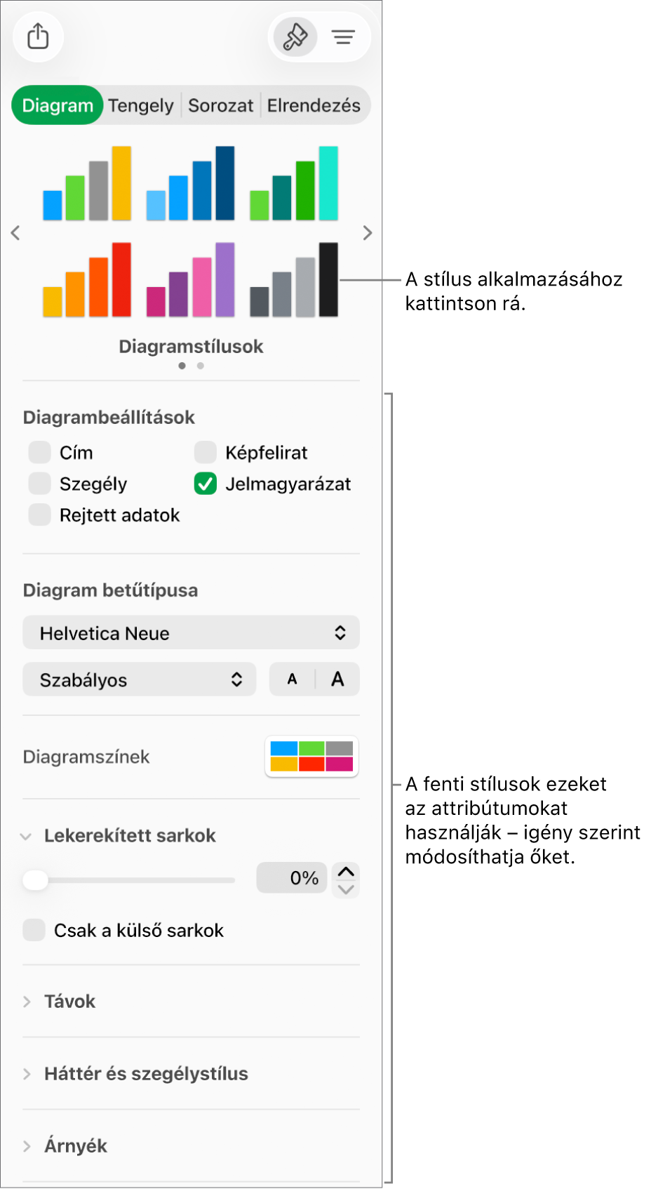 A Formázás oldalsáv a diagramformázásra szolgáló vezérlőkkel.