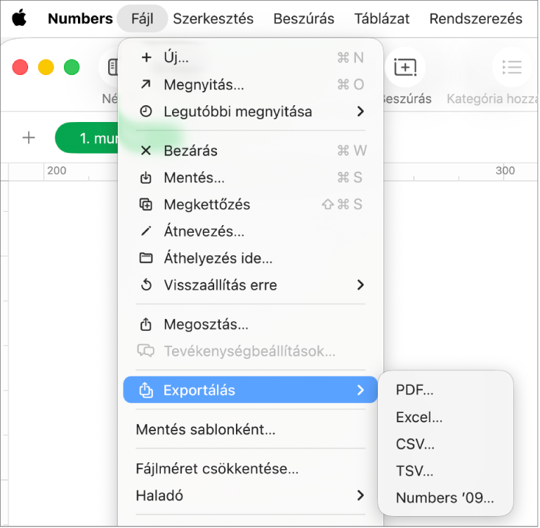 A megnyitott Fájl menü a kijelölt Exportálás ide lehetőséggel, amelynek az almenüjében különböző exportálási lehetőségek (pl. PDF, Excel és CSV) láthatók.