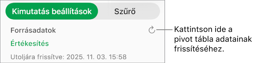 A Kimutatás beállítások lap a kimutatás frissítésének lehetőségével.