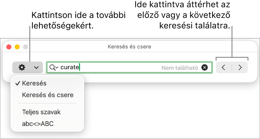 A Keresés és csere ablak a Keresés, Keresés és csere, Teljes szavak és az abc<>ABC beállításokat megjelenítő felugró menüvel. A jobb oldalon látható nyilak segítségével átugorhat a következő vagy az előző keresési eredményekre.